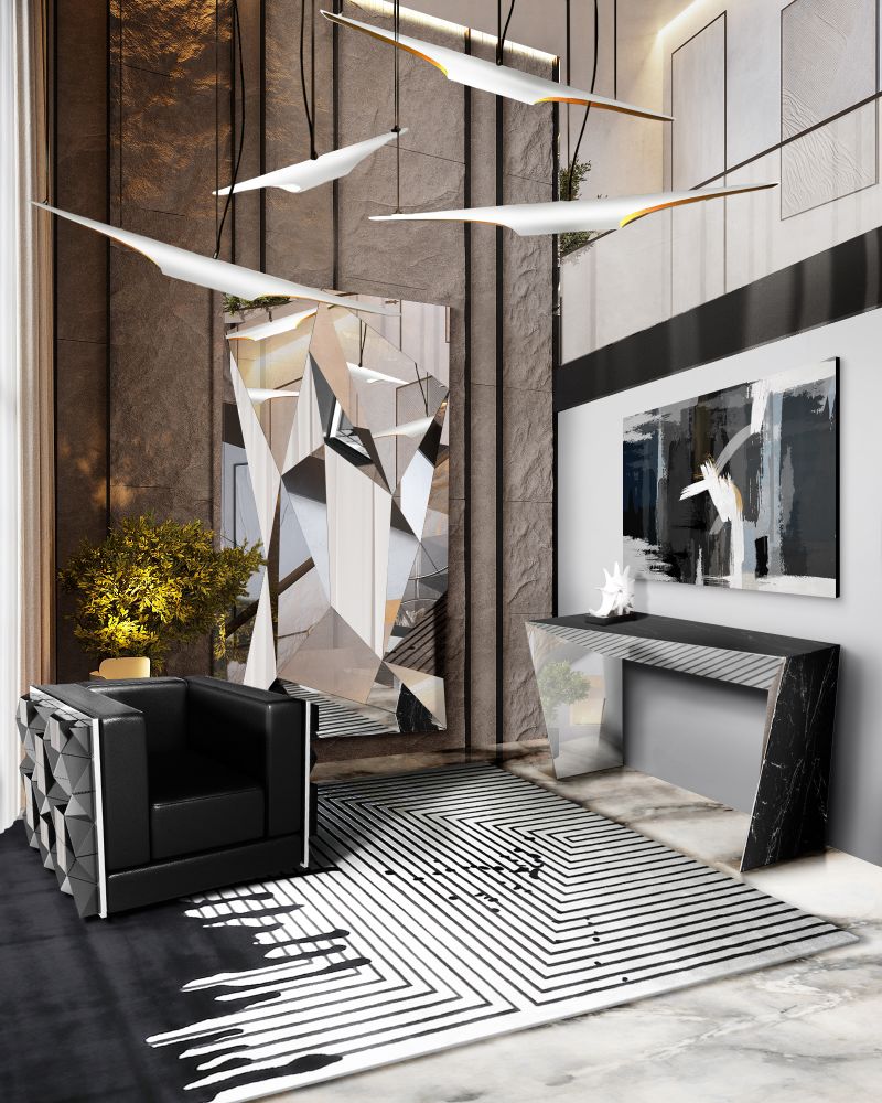 mirror for the living room in black and white with silver hues