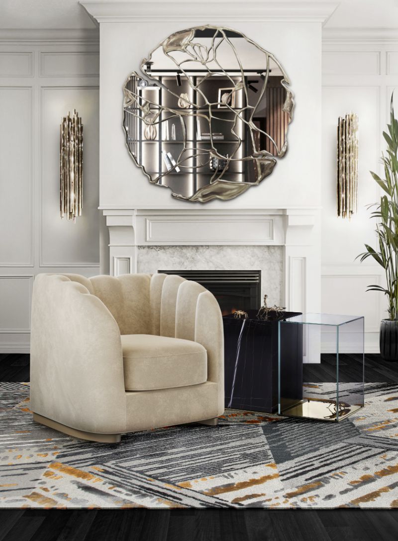 mirror for the living room with golden hues and round shape paired with beige armcahir and gray area rug