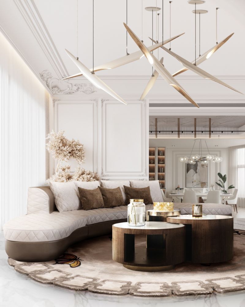 ideas for living room furniture with neutral hues with round rug inspired by nature and curved sofa in soft beige tones
