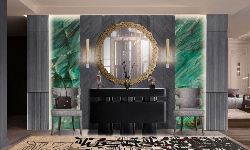 Luxurious Furniture and Rug Ideas For Hallway Decor with black and white runner rug and black sideboard with round golden mirror