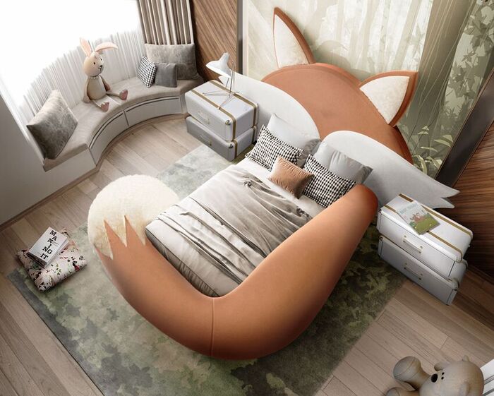 bedroom rug ideas with green rug and fox inspired bed for an iconic design