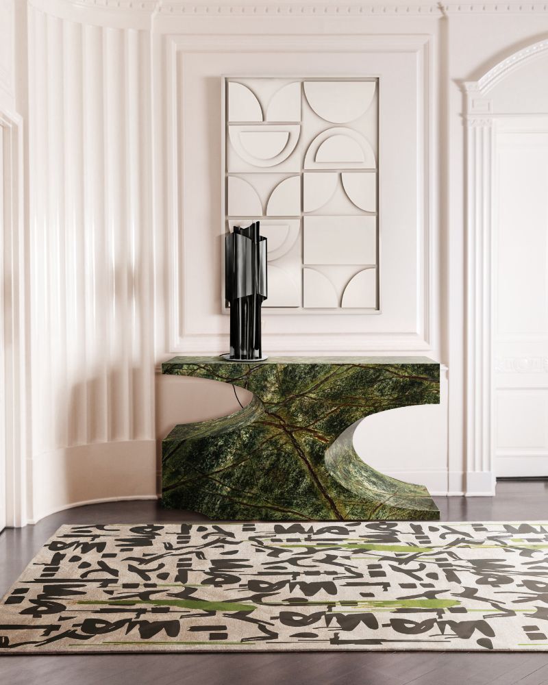 Modern contemporary entryway hallway with console for entryway
and black and white rug