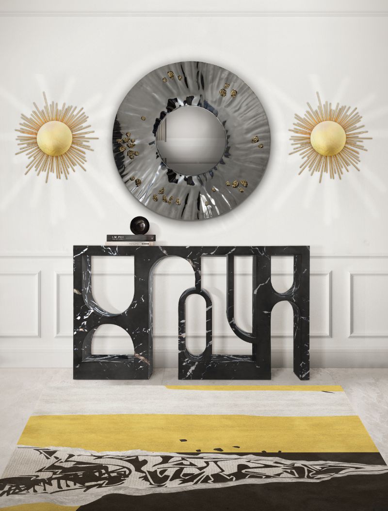 Contemporary console for entryway with vibrant urban rug with yellow hues