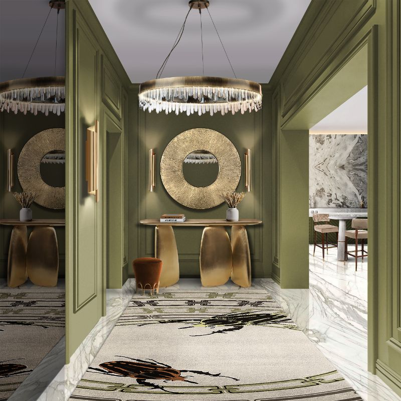 Golden console for entryway with runner rug inspired by nature and insects