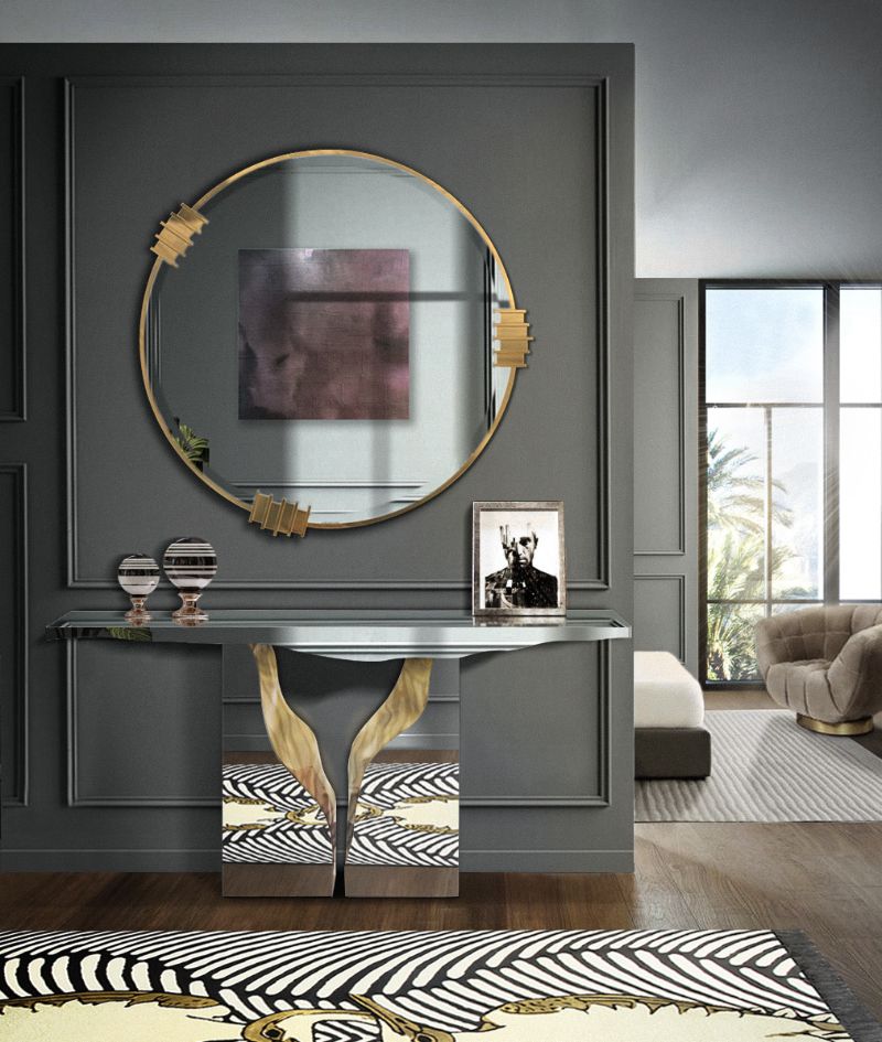 Opulent console for entryway with couple rug, a romantic designed rug