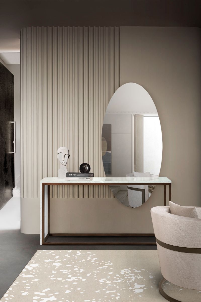 console for entryway with soft neutral rug.