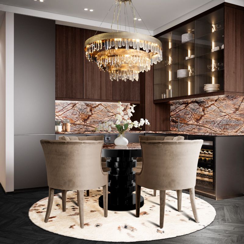 contemporary dining room with round white rug and black and white dining table and ceiling light pendant