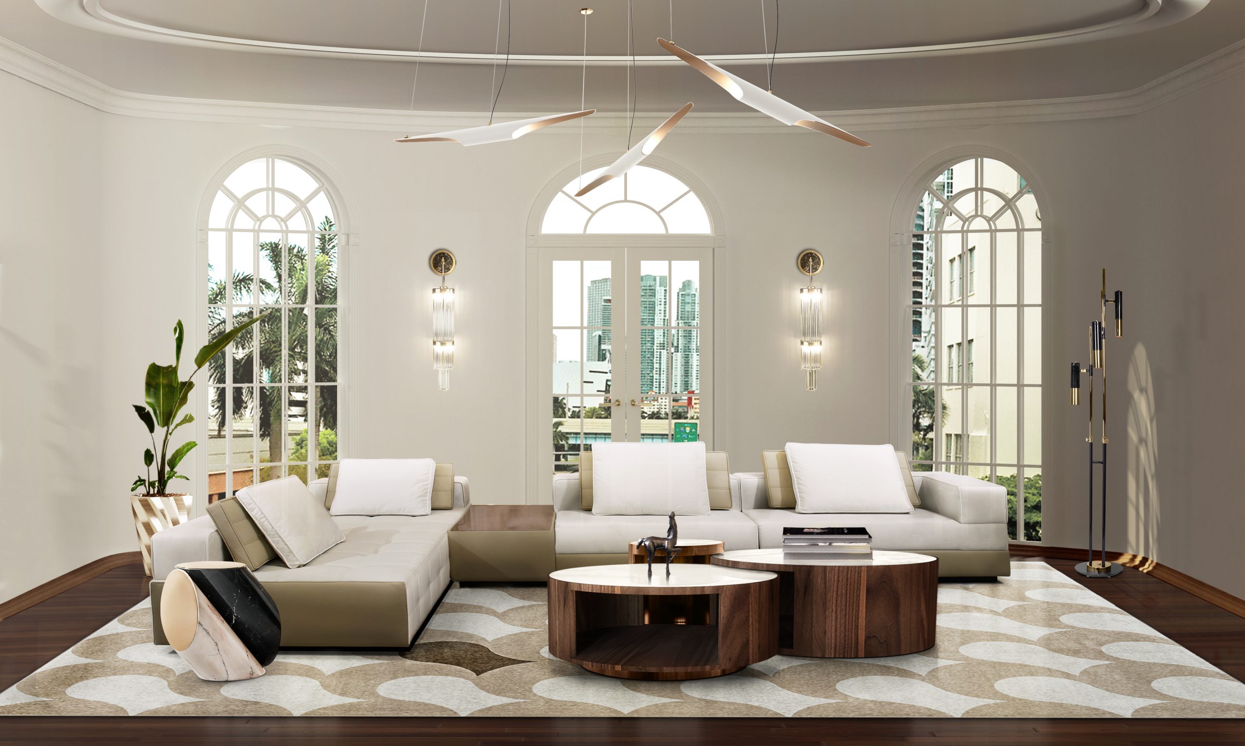 Winter Interior Design Trends for 2022: neutral area rug with modular sofa and round wood center tables.
