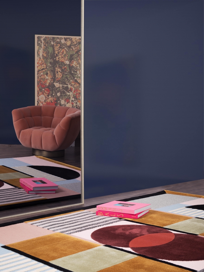 Winter Interior Design Trends for 2022: colorful geometric mid century rug in hallway