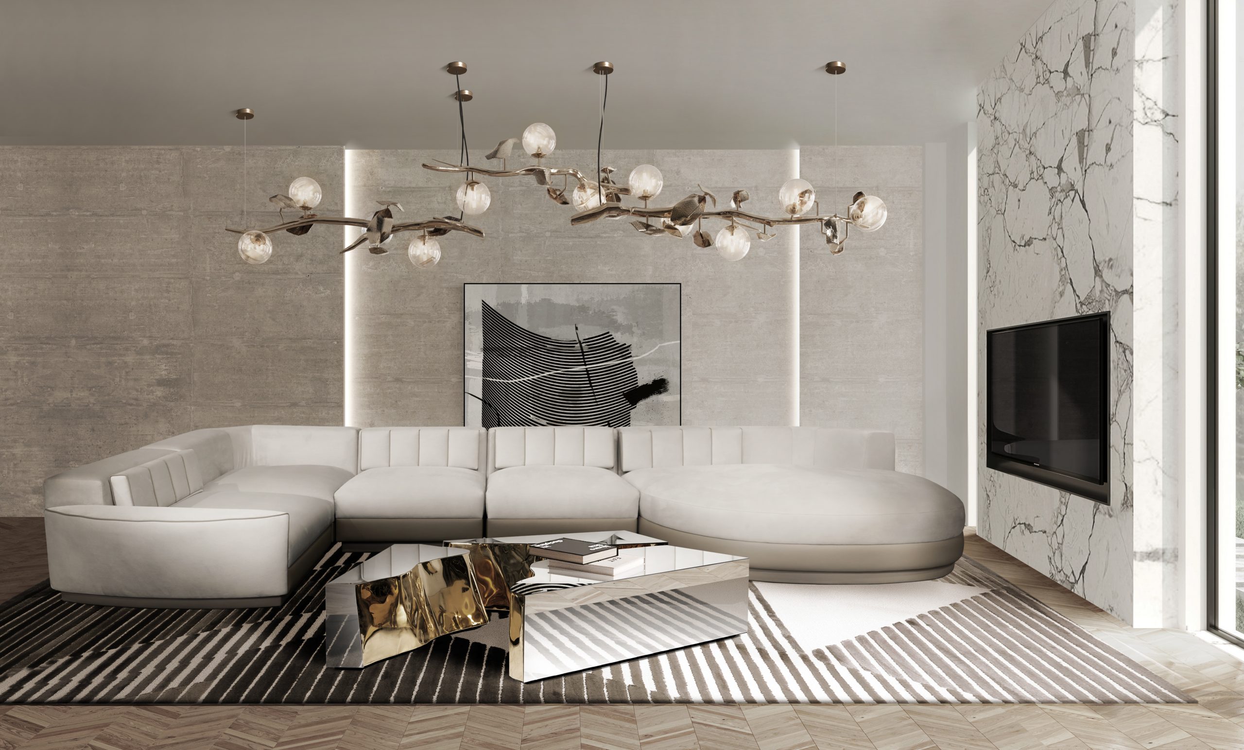 modern contemporary living room with gray area rug with geometric design. Winter Interior Design Trends for 2022