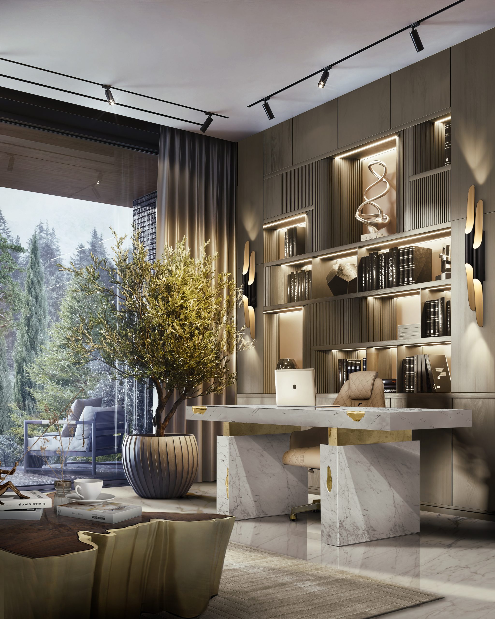 Luxurious office decor with beige tones and gold details with the White garden Rug - Luxury Office Design: Trendy and Contemporary Rugs