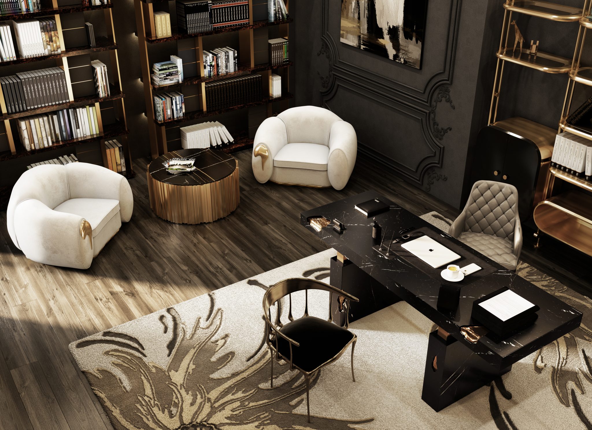 Luxurious Office design with dark tones and Neptuno Rug - Luxury Office Design: Trendy and Contemporary Rugs