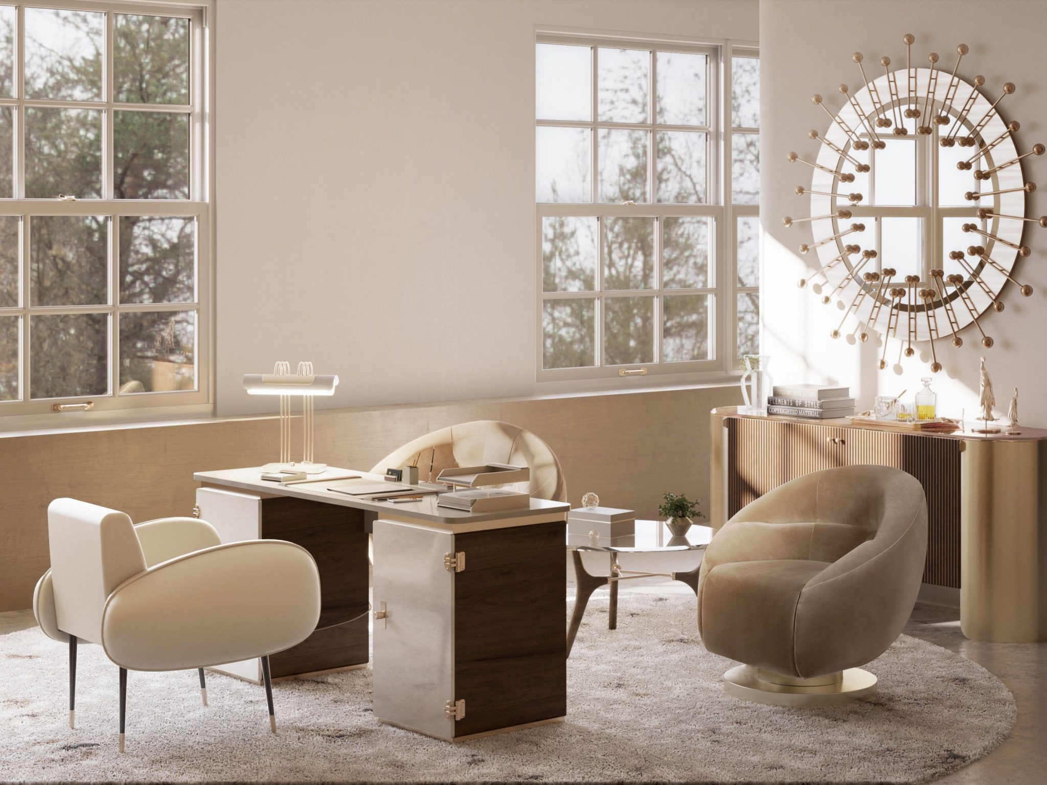 Luxurious and neutral-toned office design with beige high-pile rug - Luxury Office Design: Trendy and Contemporary Rugs