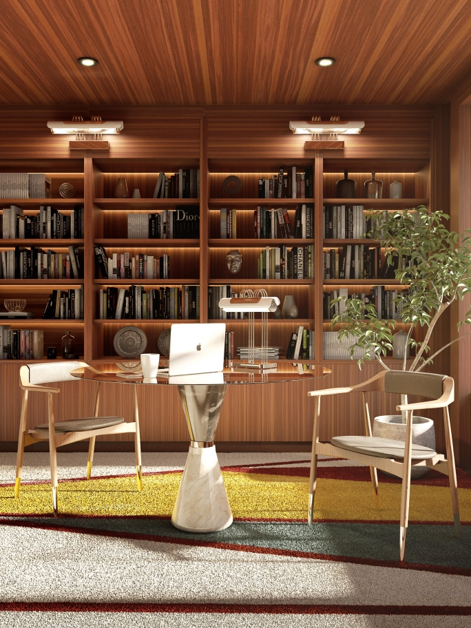 Mid-century office design with colorful Bauhau Rug - Luxury Office Design: Trendy and Contemporary Rugs