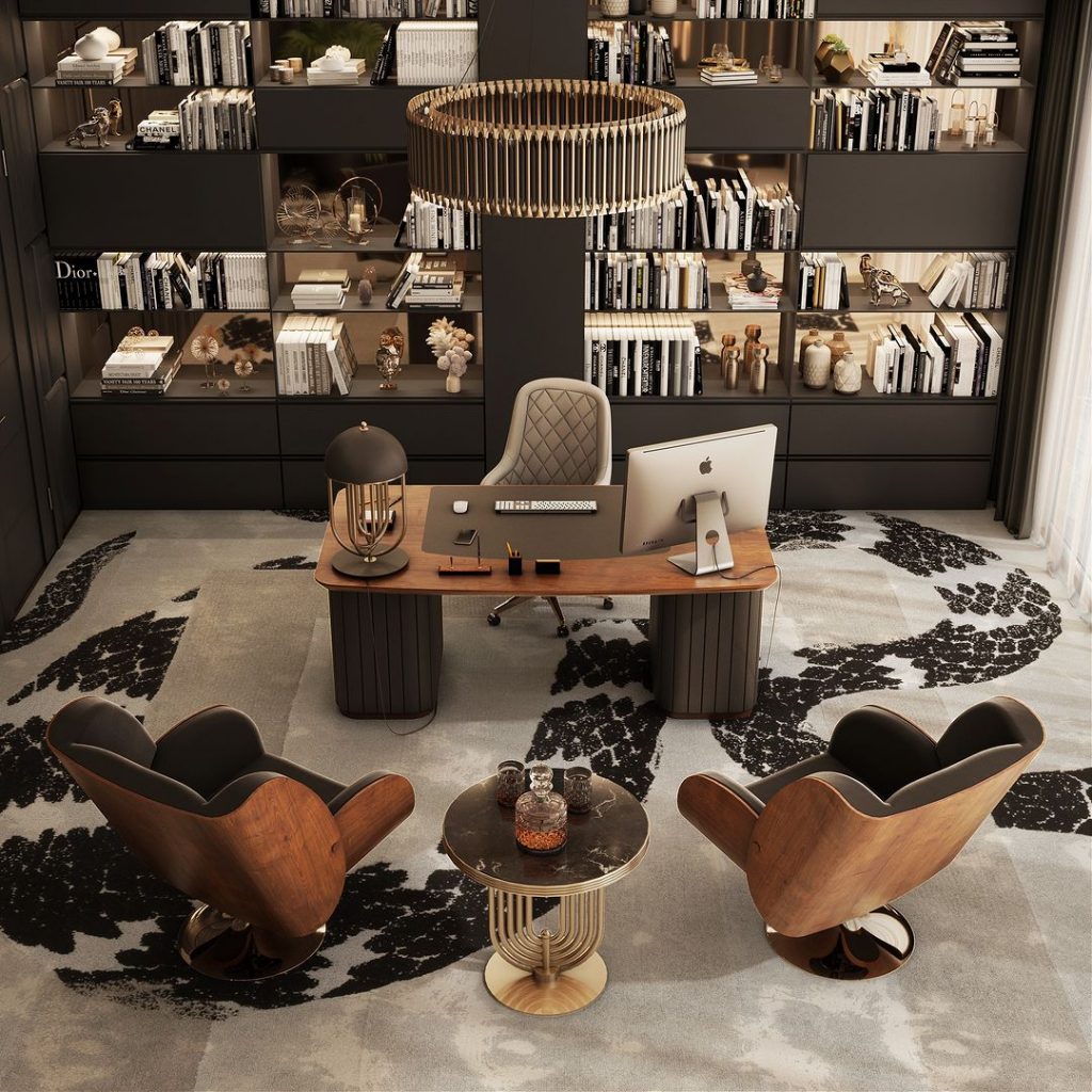 Luxurious Mid-century office design with Imperial Snake Rug - Luxury Office Design: Trendy and Contemporary Rugs
